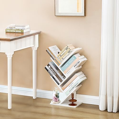 Hoctieon 4 Tier Tree Bookshelf, 4 Shelf Bookcase, Free Standing Tree Bookcase, Display Floor Standing Shelf for Books, B