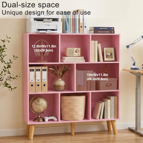 YAHARBO 8 Cube Bookshelf,3 Tier Bookcase with Legs,Light Pink Mid-Century Modern Bookshelves,Large Free Standing Open St
