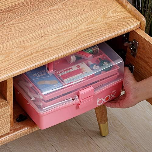 Kinsorcai 12'' Three-Layer Clear Plastic Storage Box with Handle, Craft Tool Box, 3 Layer Pink Tackle Box for Women, Org