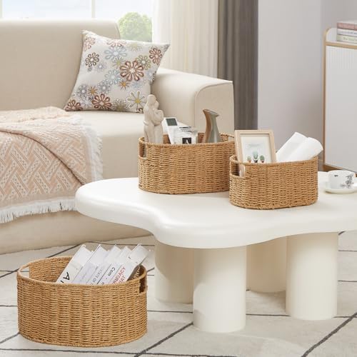 Vagusicc Wicker Storage Basket, Set of 3 Hand-woven Storage Baskets for Organizing, Round Large Wicker Baskets for Stora
