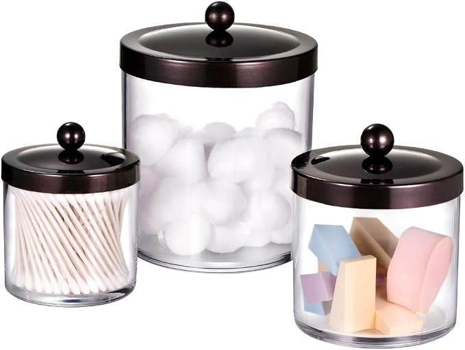 SheeChung 3-Pack Plastic Apothecary Jars with Bronze Metal Lids - Large 50oz, 25oz & 15oz Clear Acrylic Storage Set - Shatterproof Bathroom Vanity & Kitchen Organizer - Modern Farmhouse Rustic Decor