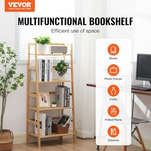 VEVOR 4-Tier Bamboo Ladder Shelf, Trapezoid Open Bookcase, Display Storage Rack Organizer, Freestanding Flower Plant Sta