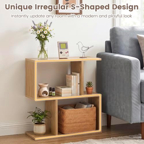 Tangkula 2 Tier Geometric Bookshelf, Freestanding Wooden Display Shelf, Home Office Room Divider S Shaped Open Bookcase,