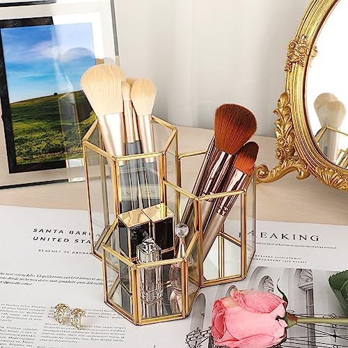 Hipiwe Glass Makeup Brush Holder 3 Slot Gold Desktop Pen Pencil Pot Cup