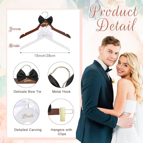 Beeveer 3 Pcs Groom and Bride Wooden Hanger with Clips, Bow, Brown, White