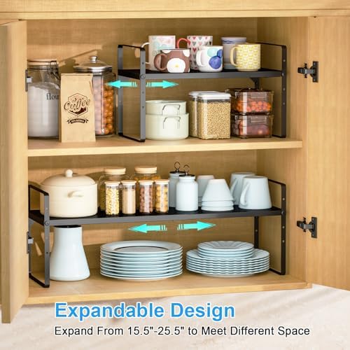 15.5 to 25.5 Inch Kitchen Cabinet Shelf Organizers, Adjustable Kitchen Counter Shelf Organizer, Set of 4 Expandable Coun