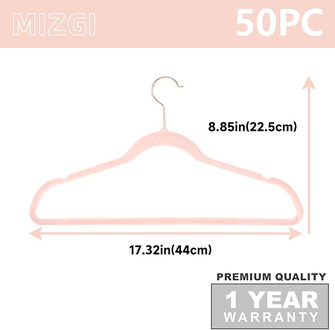 MIZGI Premium Velvet Hangers (50 Pack) Heavy Duty - Non Slip Felt Hangers - Blush Pink - Rose Gold 360 Degree Swivel Hooks,Space Saving Clothes,Durable Strong for Suits,Coats,Dress