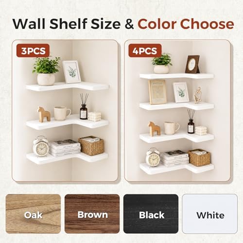 Solid Wood Corner Floating Shelves, L-Shaped, White, Set of 4