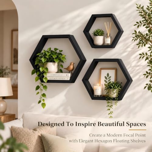 AHDECOR Wall Mounted Hexagon Floating Shelves, Wooden Wall Organizer Hanging Shelf for Home Decor, Set of 3, Black