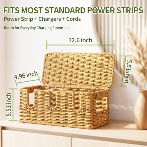 Cable Management Box, Rattan Cord Organizer for Desk & Power Strip