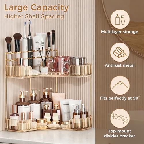 BEFSOP Corner Bathroom Counter Organizer, Upgraded 2-Tier Makeup Organizer Countertop with Makeup Brush Holder, Skincare