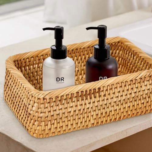 Natural Rectangular Rattan Storage Baskets (Set of 3), Hand Woven Food and Fruit Serving Baskets, Wicker Organizer for L