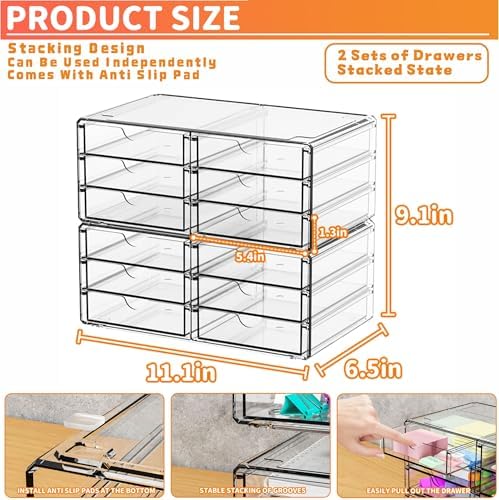 Yieach 2 Pack Acrylic Storage Drawers With 12 Small Drawer,Stackable Office Cabinet Organizer and Makeup Organizer,Clear