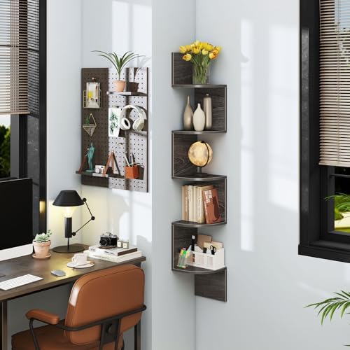 GOFLAME Corner Shelf Wall Mounted Set of 2, 5-Tier Floating Corner Bookshelf, Wood Plant Stand, Modern Floating Display 