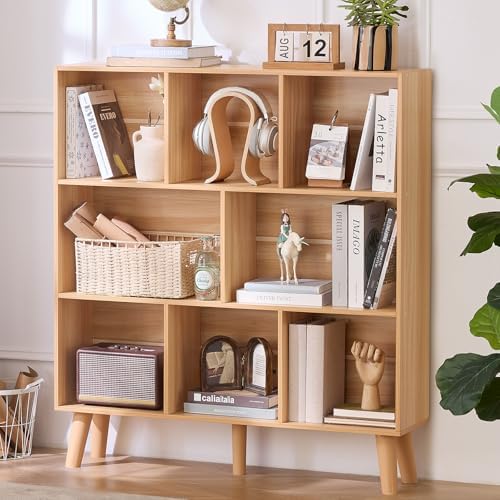 LEYAOYAO 8 Cube Bookshelf, Mid-Century Modern Book Shelf with Legs, Natural