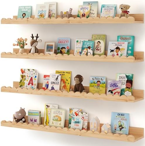Shario Nursery Book Shelves, 4-Pack Wood Floating Shelves for Wall Kids, Scalloped Shelves, Wall Book Shelves for Bedroo
