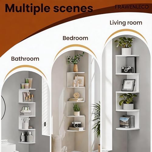 5-Tier Corner Shelf Wall Mount, Screw-Mounted Floating Bookshelf with Enhanced Support, Space-Saving Zigzag Shelf for Be