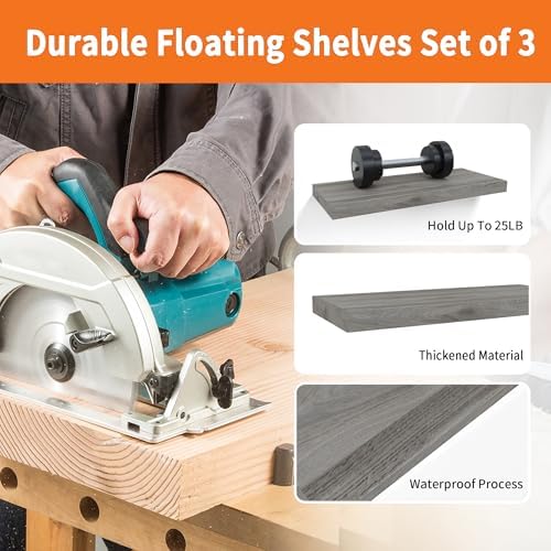 Floating Shelves for Wall Set of 3, 16" Gray Wall Shelves for Home Decor