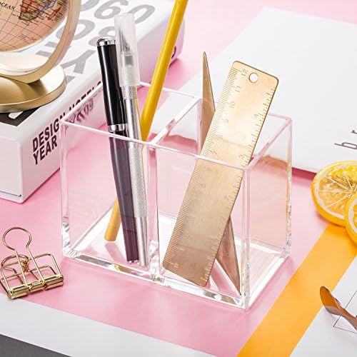 Gejoy 1 Pcs Acrylic Pencil Pen Holder for Desk, Clear 2 Compartment