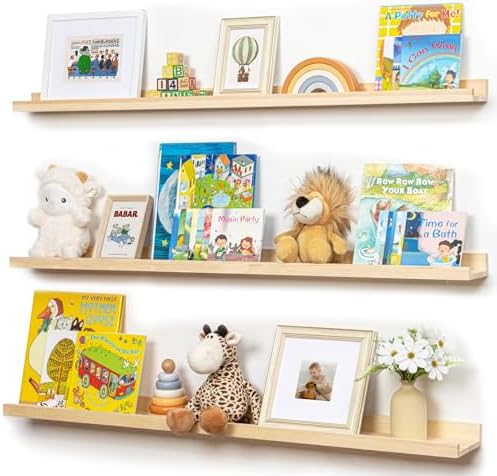 Picture Ledge Shelf for Wall, 48 inches Solid Pine Wood Nursery Book Shelves 3 Packs, Floating Ledge Shelves for Kids' Room Bedroom Bathroom Long Floating Shelves for Wall Nursey Wall Decor, Natural