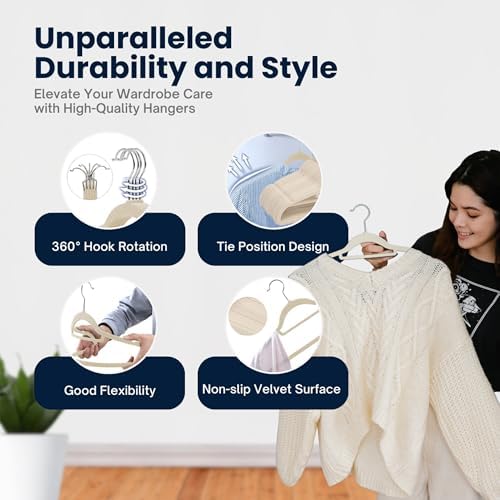 50 Pack Velvet Hangers | Non Slip Velvet Hangers for Clothes with Tie Organisers | Space Saving Hangers and 360° Swivel Hooks Wardrobe Storage Organiser