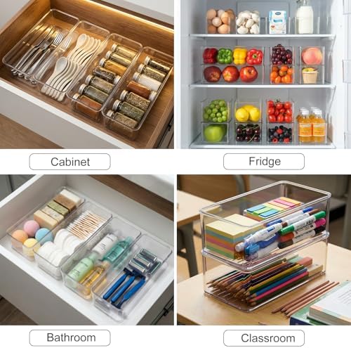 Hudgan 4 Clear Pantry Organizer Bins for Kitchen Drawer, Refrigerator
