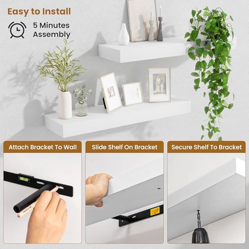 Fun Memories Floating Shelves Set of 2, 24 Inch Floating Shelves for Wall, Wood Wall Shelves with Invisible Brackets, fo