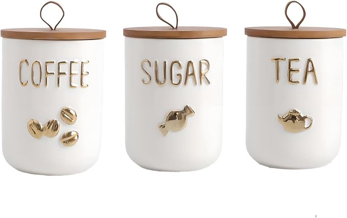 Simcat 27oz Ceramic Canister Set with Airtight Seal Bamboo Lid and Silicone Seal Damp-Proof Kitchen Jar Tea Coffee Sugar Canister Set Food Storage Containers (Three piece)
