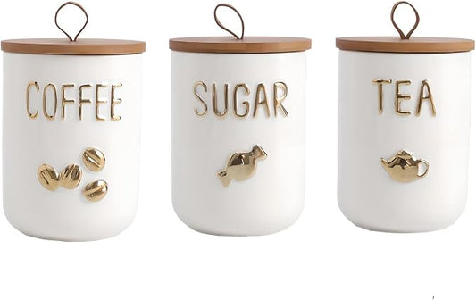 Simcat 27oz Ceramic Canister Set with Airtight Seal Bamboo Lid and Silicone Seal Damp-Proof Kitchen Jar Tea Coffee Sugar Canister Set Food Storage Containers (Three piece)