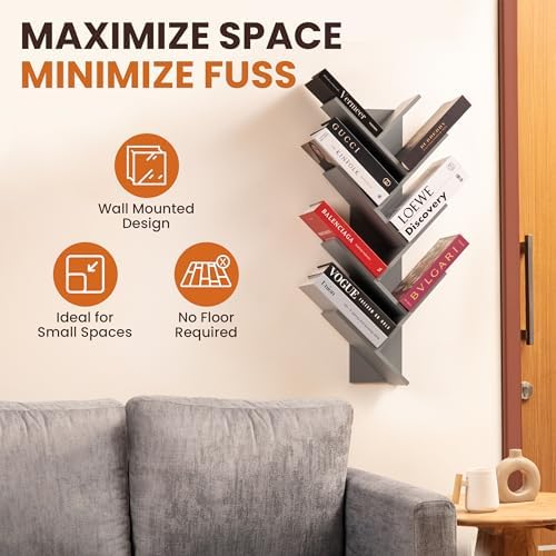 7-Tier Wall Mounted Book Organizer - Grey Pine Wood Book Tree for Bedroom