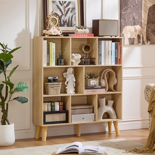 LEYAOYAO 8 Cube Bookshelf,Mid-Century Modern Bookcase with Legs,Light Wood
