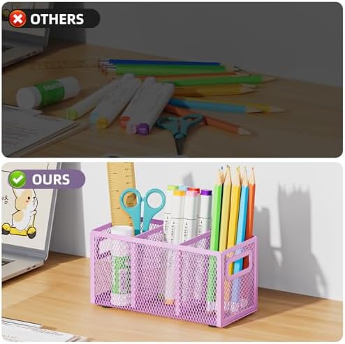 Marbrasse Mesh Pen Holder for Desk, Pencil Holder Desk Organizer 3 Adjustable Compartments, Pencil Cup with Handle Perfect for Classroom, Office, Home, Makeup, Art (Purple)