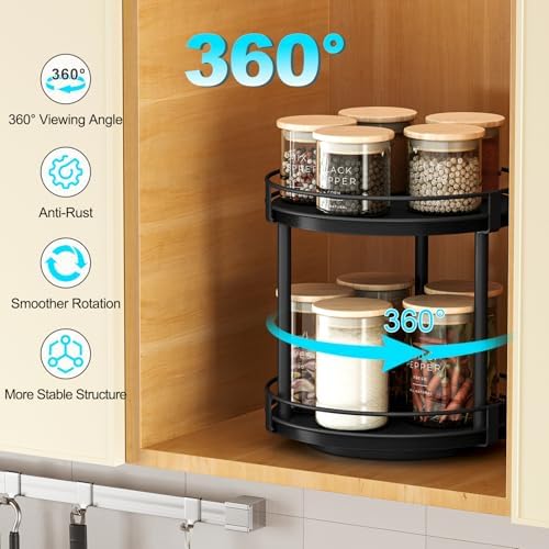 Snughome Lazy Susan Spice Rack, 2 Tier Rotating Spice Rack, Wood Lazy Susan Organizer for Cabinet, Black Kitchen Counter