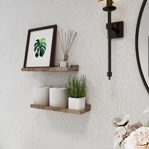 Brown Floating Shelves for Wall Decor, 14 in Shelf with Lip Set of 2