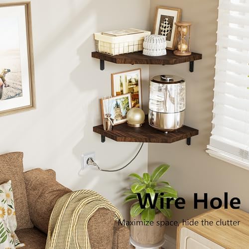 Alsonerbay Pine Wood Corner Shelves with Cord Hole 2-Pack, Carbonized Black