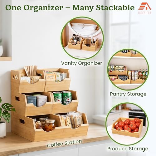 HOMESTEAD 3-Tier Bamboo Pantry Storage Bins – Stackable Potato & Onion Storage Bin with Handles, Fruit Basket & Produce 