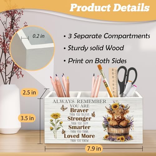 Inspirational Highland Cow Pen Holder Organizer for Desk Accessories, Positive Quote Heifer Wooden Box Sign Desk Decorations for Home Office Decor, Highland Cow Gifts for Women