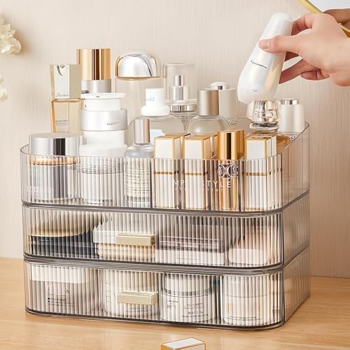 Clear Makeup Organizer for Vanity, Large Desk Organizer with Stackable Drawers for Cosmetics, Skincare, Lipsticks, Eyesh