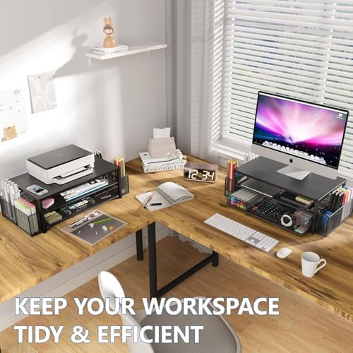 OPNICE Desk Organizer and Accessories, 2-Tier Computer Monitor Stand Riser with Drawer and 2 Pen Holders, Laptop Stand, 