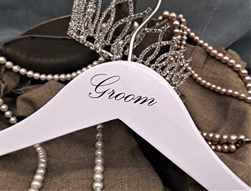 NAHANCO 17" Wooden Hangers, Bride and Groom Set, White with Black Imprint (2 Piece Set)