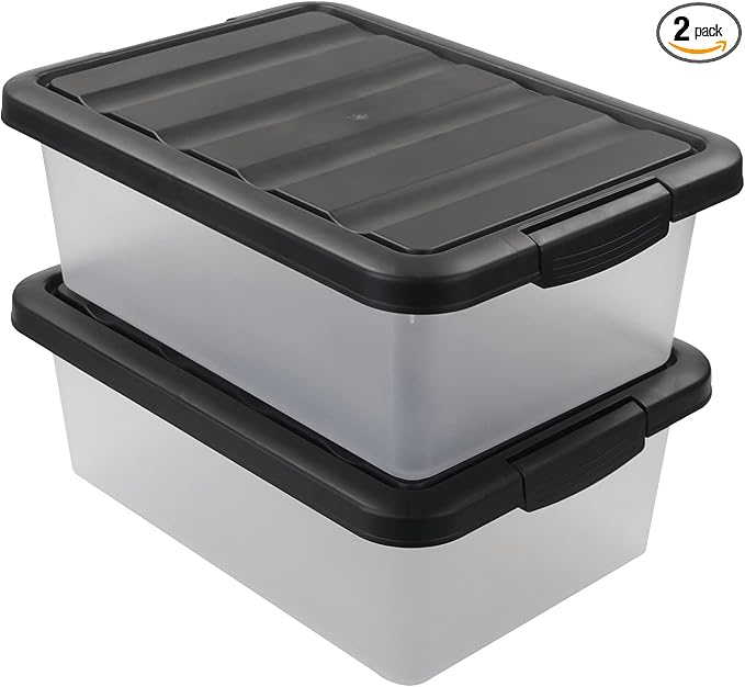 Wekioger Versatile Plastic Storage Box Organizer Bins with Black Lids, 14 Quart, 2 Packs