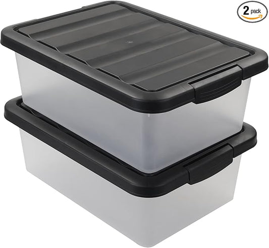 Wekioger Versatile Plastic Storage Box Organizer Bins with Black Lids, 14 Quart, 2 Packs