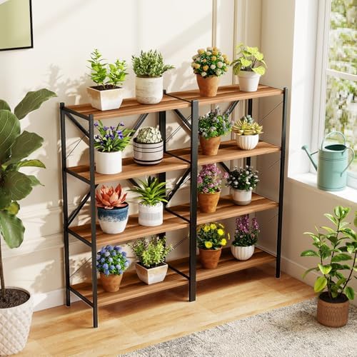 GIANTEX 4-Tier Bookshelf Set of 2, Industrial Bookcase with Heavy-Duty Metal Frame, Modern Open Storage Book Shelf, Book