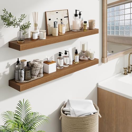 Fun Memories 40 Inch Floating Shelves, Long Wood Wall Shelf Set of 2 with Invisible Brackets, for Bathroom, Living Room,