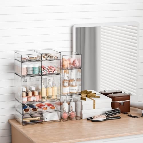 Yieach 7.5" High Stackable Storage Bins,4 Pack Bottle Station and Baby Bottle Storage Organizer for Countertop,Clear Acr