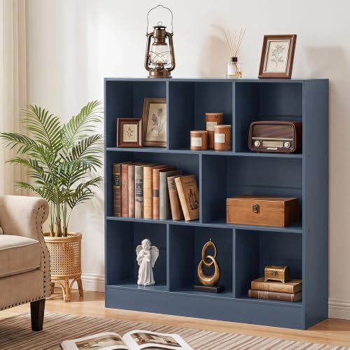 YAHARBO 3 Tier 8 Cube Horizontal Bookshelf,Low Bookcase - Sleves,Dark Blue