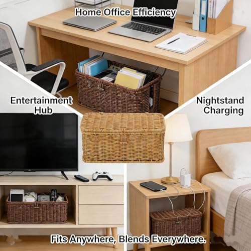 Handwoven Rattan Cable Management Box, Basket to Hide Cords, Container for Tv Wire, Computer, Router, USB Hub (Gray, M：1