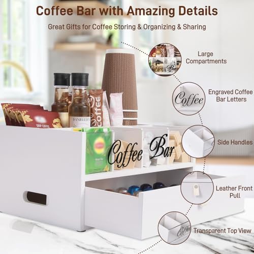 2-Tier Coffee Bar Organizer with Clear Acrylic Top, Built-in Drawer and Leather Handle Pull for Countertop, Stylish Coff