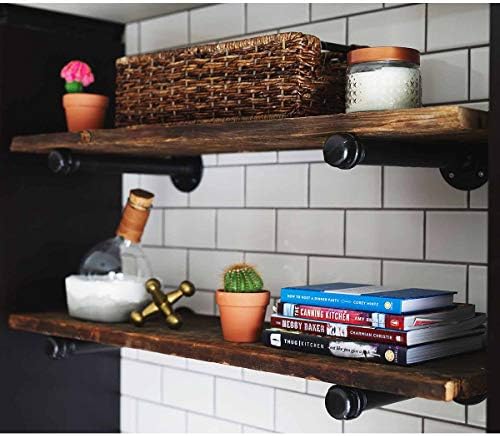 Pipe Shelf Brackets 10 Inch, Industrial Black Metal Wall Pipe Floating Shelf Bracket Heavy Duty Decorative Shelving Brac