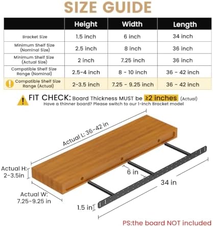 2pcs Floating Shelf Bracket Heavy Duty Hidden Metal Brackets for Shelf,Invisible Shelves Hardware Without Jig (34" x 6" 